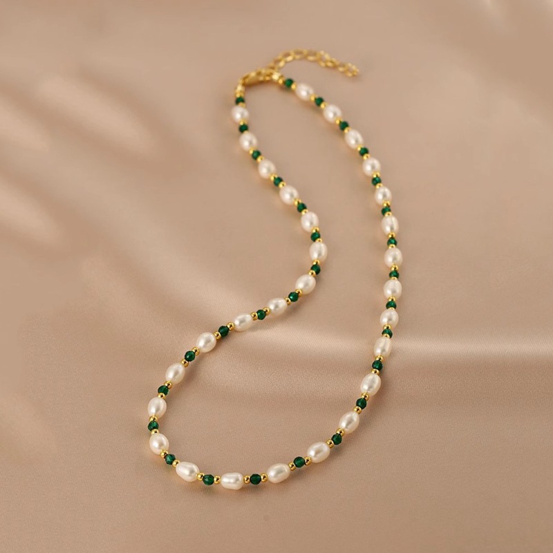 Pearl Choker Necklace Vintage - Minar Zarif Yeşil Renkli Cam Boncuk